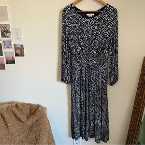 Boden Navy Blue White Polka Dot Spotted Dress Modest Long Sleeve Jersey Stretchy